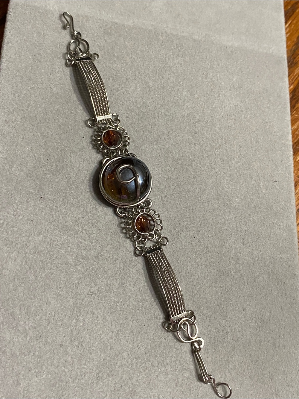 Silver-Tone Bracelet with Amber and Iridescent Glass Accents
